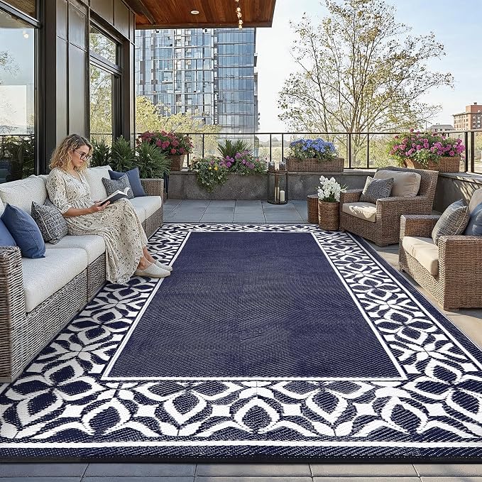 PureCozy Outdoor Plastic Straw Rug Navy Blue Large Outside Waterproof Outdoor Patio 10x14 Carpet Geometric Reversible Mat Modern for Camping RV Porch Deck Balcony Beach by PureCozy