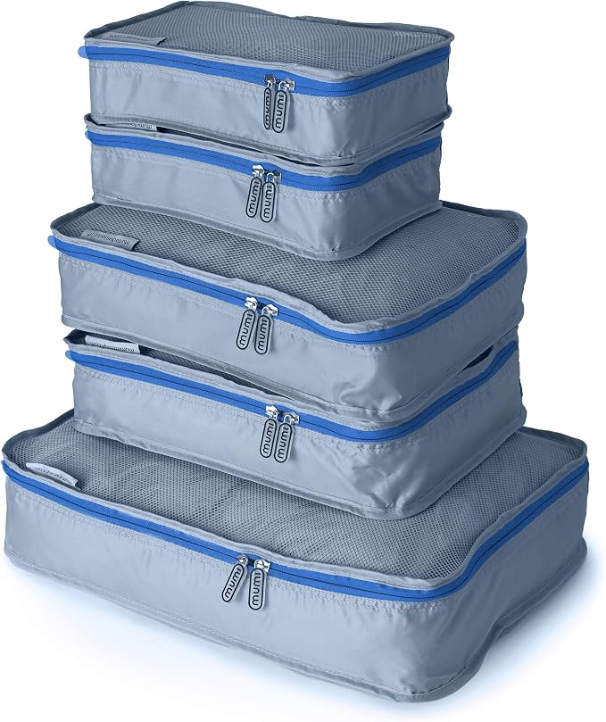 MUMI Packing Cubes for Travel - 5 Set Luggage Organizer Bags, Blue | Travel organizer bags for suitcases, carry on and backpack; holds clothes, kids items and accessories by MUMI