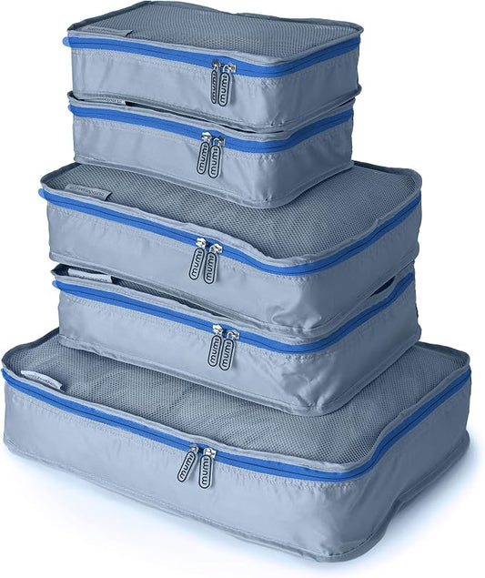 MUMI Packing Cubes for Travel - 5 Set Luggage Organizer Bags, Blue | Travel organizer bags for suitcases, carry on and backpack; holds clothes, kids items and accessories by MUMI