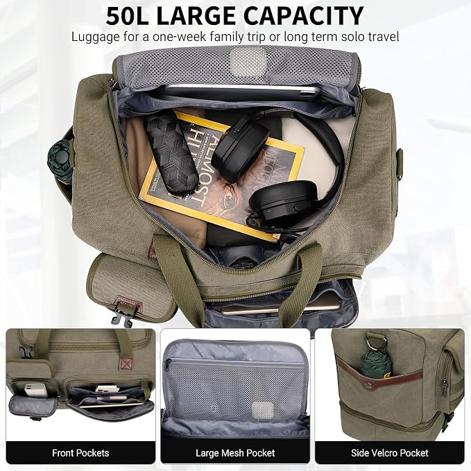WITZMAN Duffle Bag for Men 50L Travel Canvas Weekender with Toiletry Bag | With Shoe Compartment and Dry-wet Pocket, Convertible, Carry On, One Duffel for Gym, Sports, Overnight, A8010/2 Army Green - Image 3