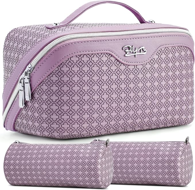 BOYATU Travel Makeup Bag for Women: Four Leaf Clover Large Capacity 3 Pcs Set Cosmetic Bags - Waterproof 50% Extra Space for Toiletry Organizer - Travel Essentials for Fortunate (02 Purple) by BOYATU