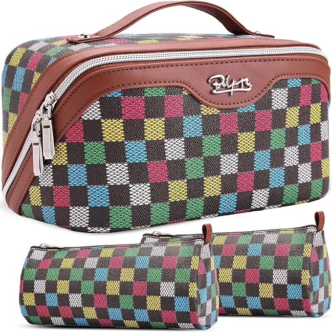 BOYATU Travel Makeup Bag Organizer Cosmetic Bag: 3 Pcs Set Make up Bags for Women with Handle - Waterproof Vegan Leather Toiletry Bag (01-H-Brown) by BOYATU