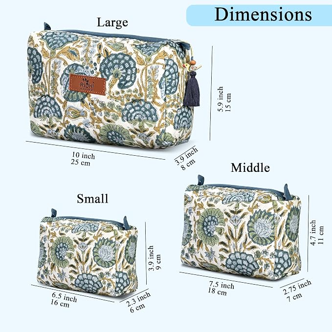 Ridhi Asparagus Green Hand Block Printed Floral Toiletry Bag For Women 100% Cotton Quilted Set of 3 Waterproof Inner Lining, Cosmetic Jewelry Organizer, Travel Pouch, Essential Storage Purse Gifts - Image 3