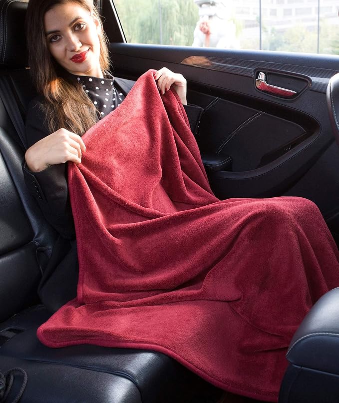BlueHills Premium Soft Travel Blanket Pillow Airplane 2 in 1 Combo Warm Red | 2 in 1 Airplane Blanket Pillow in Soft Bag Pillowcase, Hand Luggage Belt & Backpack Clip, Travel Essentials for Long Flights - Image 4