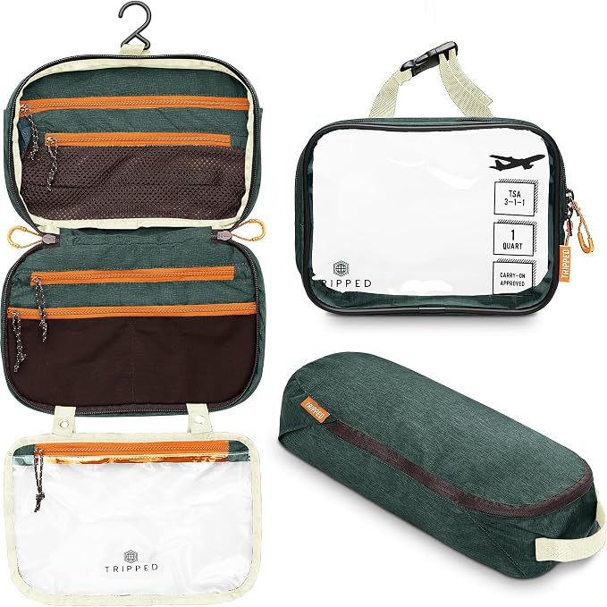 Toiletry Bag Kit 3 Piece Set: Hanging Travel Toiletry Bag + 311 TSA Cosmetic Liquid Bag + Accessory Organizer Pouch by TRIPPEDTravelGear