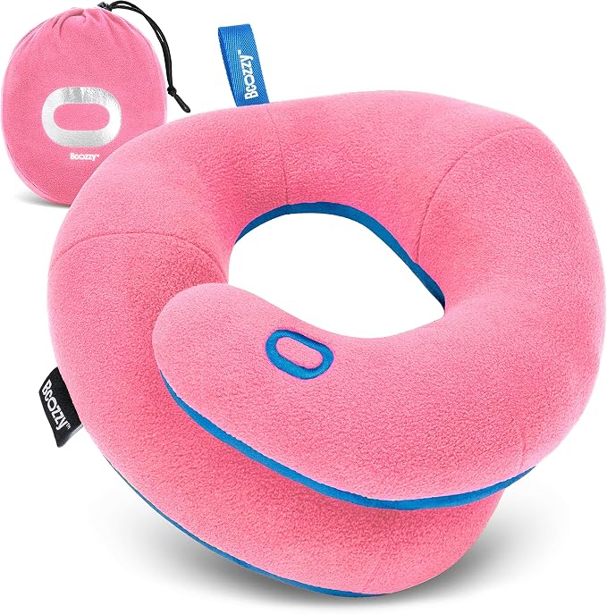 BCOZZY Kids Travel Neck Pillow (3-7 Y/O)- Patented Soft Toddler Pillow for Head & Chin Support in Car Seat, Airplane, and Road Trip Sleeping. Adjustable Size. Fully Washable. Carry Bag. Small, Pink by BCOZZY