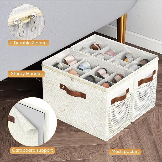 2 Pack Shoe Organizer for Closet, Foldable Shoe Storage with Adjustable | Farbic shoe storage organizer box bin with clear cover, fits up to 16 pairs, shoe storage box for closet, entryway, beige - Image 6