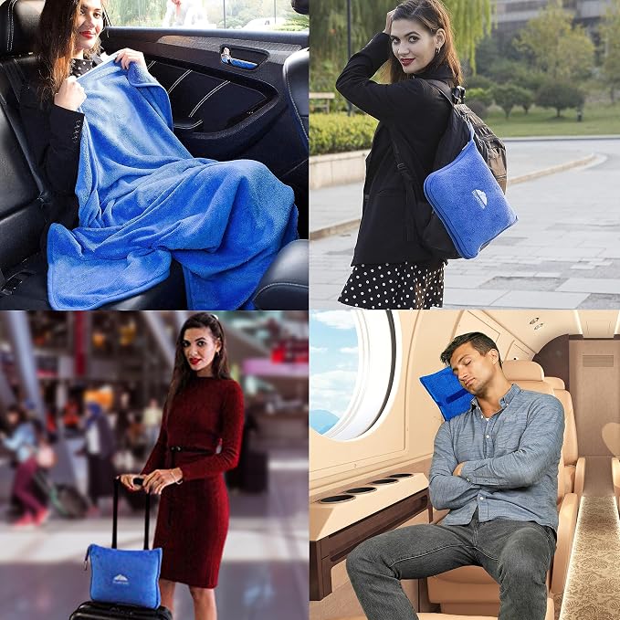 BlueHills Premium Soft 2 Pack Travel Blanket Set for Two Plane - Royal Blue | Travel Set Blanket/Pillows, Soft Bag Pillowcase, Hand Luggage Belt & Backpack Clip, Compact & Packable, Traveling Essentials - Image 3