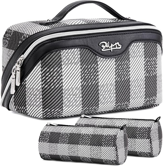 BOYATU Travel Makeup Bag Organizer Cosmetic Bag: 3 Pcs Set Make up Bags for Women with Handle - Waterproof Vegan Leather Toiletry Bags Travel Essentials Pouch with Compartments (F-01-Black) by BOYATU