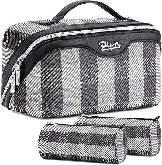 BOYATU Travel Makeup Bag Organizer Cosmetic Bag: 3 Pcs Set Make up Bags for Women with Handle - Waterproof Vegan Leather Toiletry Bags Travel Essentials Pouch with Compartments (F-01-Black) by BOYATU
