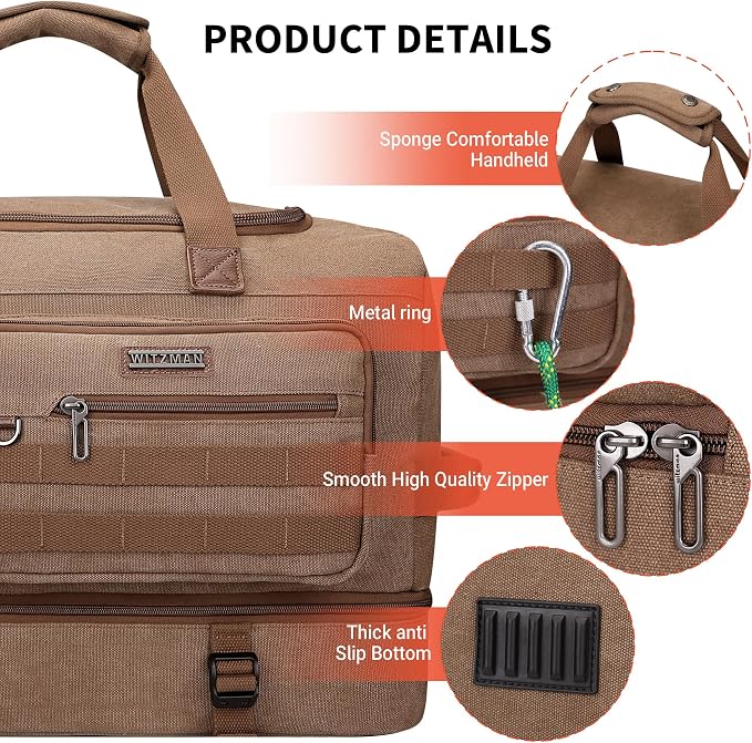 WITZMAN Duffle Bag for Men 50L Travel Canvas Weekender with Toiletry Bag | With Shoe Compartment and Dry-wet Pocket, Convertible, Carry On, One Duffel for Gym, Sports, Overnight, A8010/2 Brown - Image 6