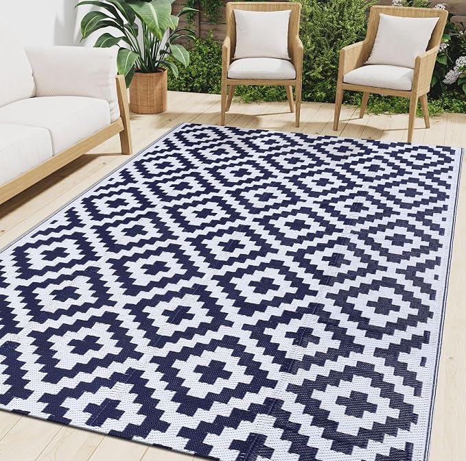 Smiry Waterproof Outdoor Rug 9x12 ft, Reversible Plastic Straw Patio Camping Rugs, Outdoor Indoor RV Mat Carpet for Patio, Outside Entry, Backyard, Deck, Bench, Picnic, Camper, White & Navy by Smiry