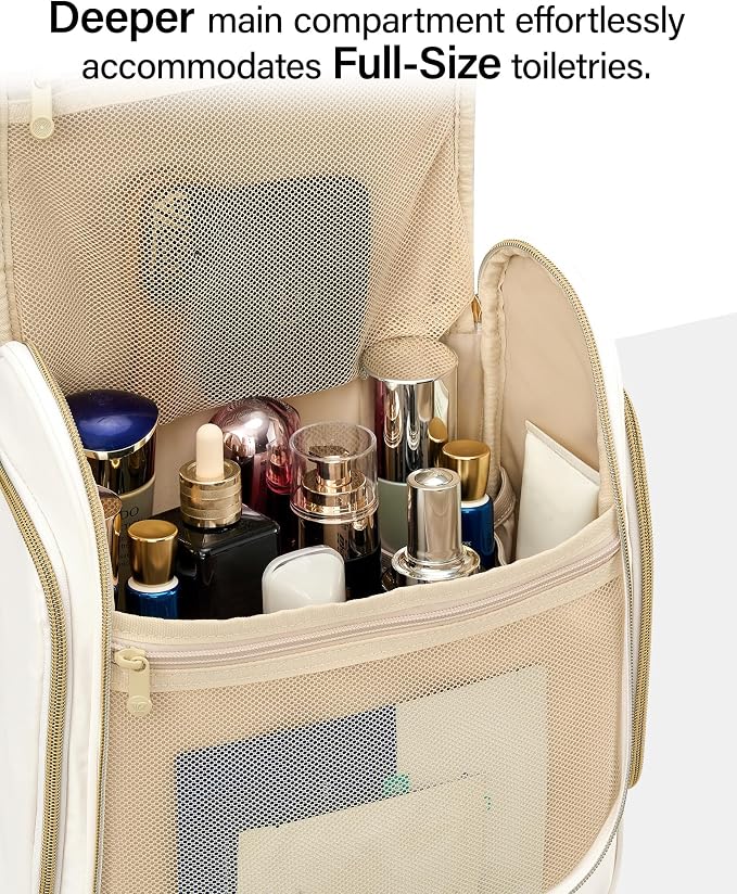 Hanke Hanging Travel Toiletry Bag for Men and Women, Water-Resistant Toiletries Bag Makeup Organizer with Hook, Cosmetic Bag for Bathroom & Travel Essentials Accessories, Off White - Image 4