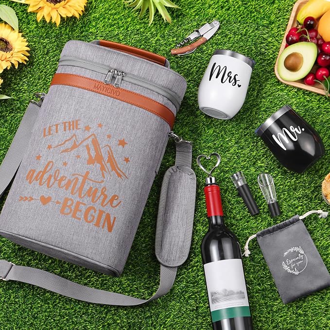 Wedding Gifts for Couples, Mr and Mrs Wine Tumblers Gifts - Engagement, Bridal Shower, Newlywed, His & Hers, Valentines Day, House Warming-Insulated Wine Cooler Tote Bag w/ Wines Accessories Gift Set - Image 4