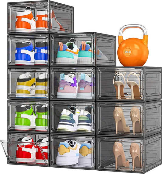 12 Pack Clear Shoe Storage Organizer with Magnetic Door, Stackable Plastic Shoe Boxes for Sneakers, Boots, and Heels, Space-Saving Foldable Shoe Rack for Closet, Durable Shoe Cabinet Organizer, Black by 7+code
