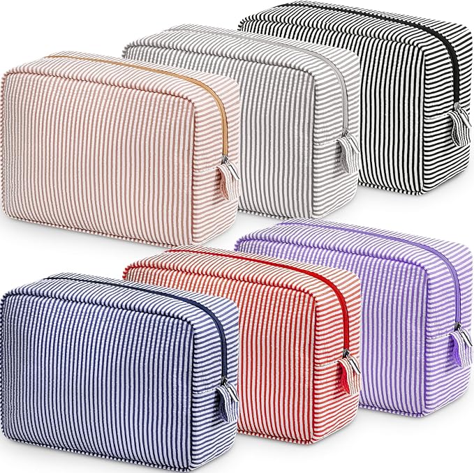 Sanwuta 6 Seersucker Cosmetic Bag Bulk Striped Makeup Bag for Women Aesthetic Cute Travel Toiletry Organizer Preppy Storage Pouch for Wedding Bridesmaid Mother's Day Teacher Gift (Large,Classic) by Sanwuta