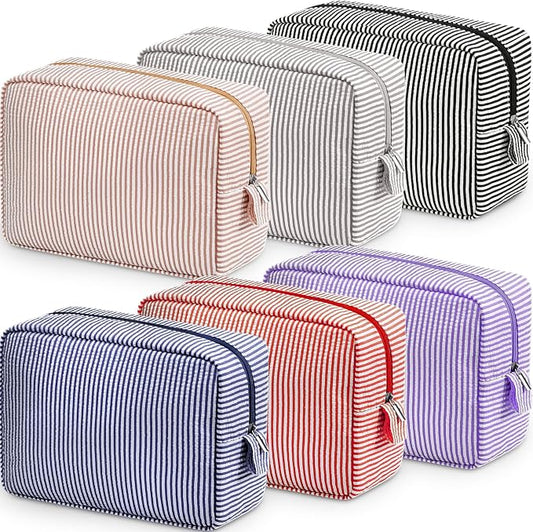 Sanwuta 6 Seersucker Cosmetic Bag Bulk Striped Makeup Bag for Women Aesthetic Cute Travel Toiletry Organizer Preppy Storage Pouch for Wedding Bridesmaid Mother's Day Teacher Gift (Large,Classic) by Sanwuta