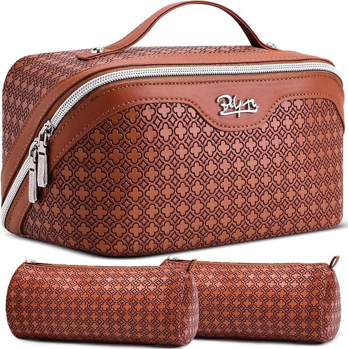 BOYATU Travel Makeup Bag for Women: Four Leaf Clover Large Capacity 3 Pcs Set Cosmetic Bags - Waterproof 50% Extra Space for Toiletry Organizer - Travel Essentials for Fortunate (10 Red Brown) by BOYATU