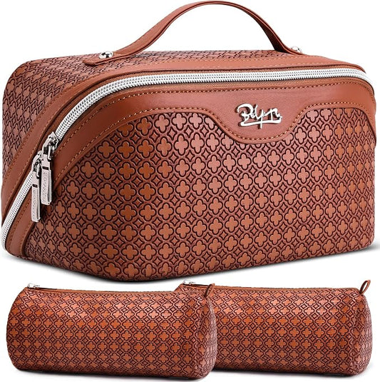 BOYATU Travel Makeup Bag for Women: Four Leaf Clover Large Capacity 3 Pcs Set Cosmetic Bags - Waterproof 50% Extra Space for Toiletry Organizer - Travel Essentials for Fortunate (10 Red Brown) by BOYATU