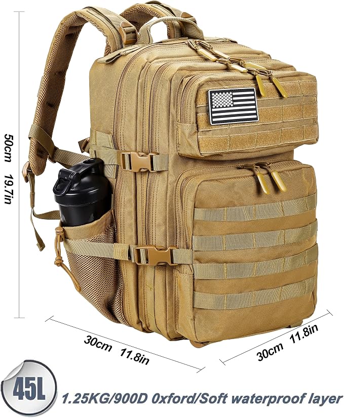 LHI Military Tactical Backpack for Men and Women 45L Army 3 Days Assault Pack Bag Large Rucksack with Molle System - Khaki - Image 2