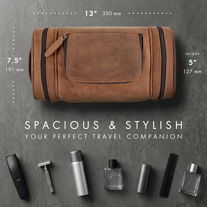 ELIZO Real Leather Toiletry Bag for Men - Extra Large Hanging Travel Organizer for Toiletries, Ideal for Dopp Kit & Shaving Kit for Men, Essential Mens Travel Toiletry Bag for Toiletries (Saddle) - Image 2