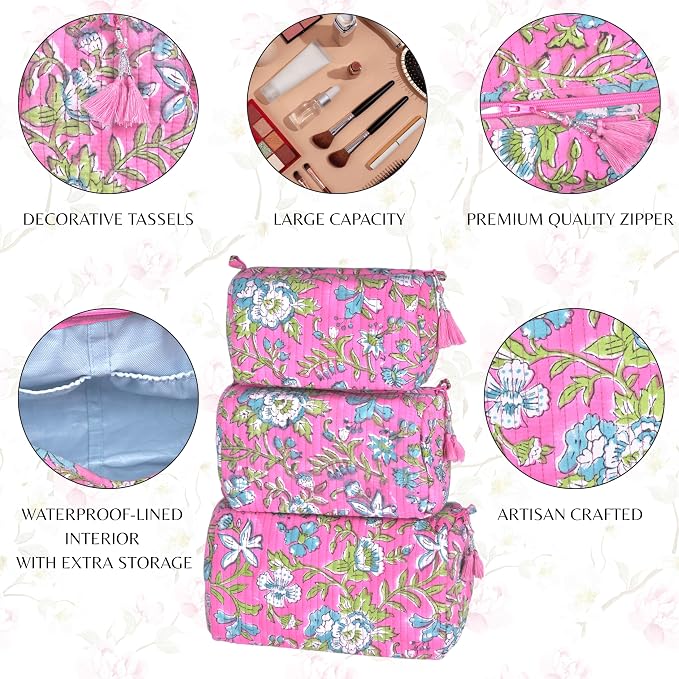 Quilted Floral Block Print Makeup Bag Set of 3 – Cotton Travel Toiletry and Makeup Organizer, Cosmetic Pouch, Toiletry Bag for Women, Cute Boho Coquette Make Up Bags for Women (Small, Medium, Large) - Image 4
