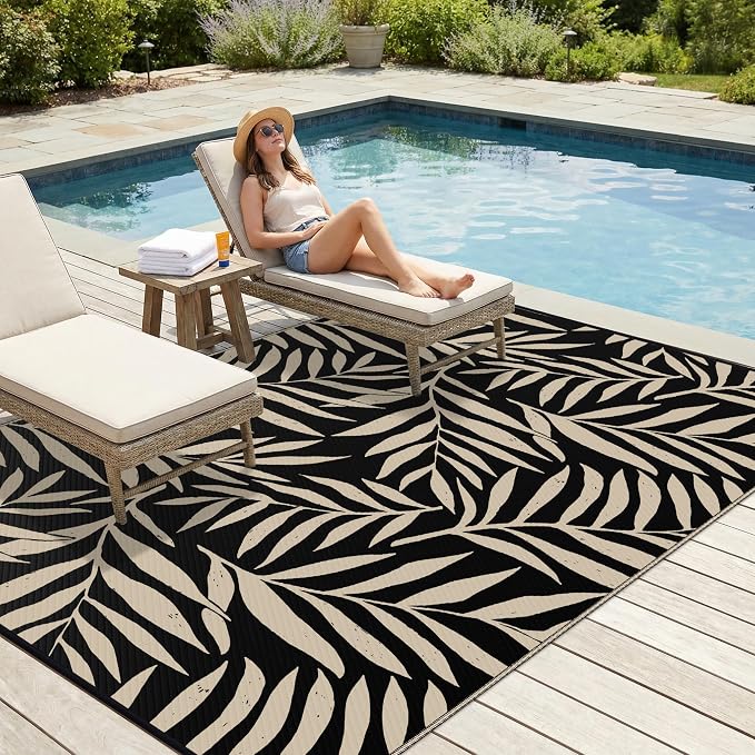 Smiry Outdoor Rug 6x9 ft, Waterproof Reversible Plastic Straw Rugs, Outdoor Area Rug with Leaf Pattern, Outside Floor Mat for Patio, Backyard, Deck, Picnic, Beach, Camping, Black & Beige - Image 3