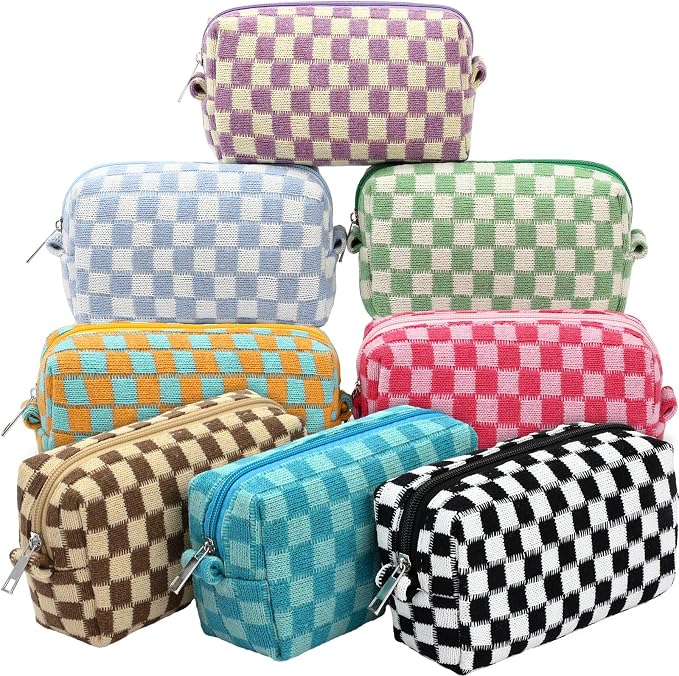 Gilprop 8 Pcs Checkered Makeup Bag for Purse Small Cosmetic Pouch Bulk Portable Zipper Makeup Pouch Travel Toiletry Organizer Gifts for Women Bridesmaid Wedding Party Favors (Colorful 1) by Gilprop
