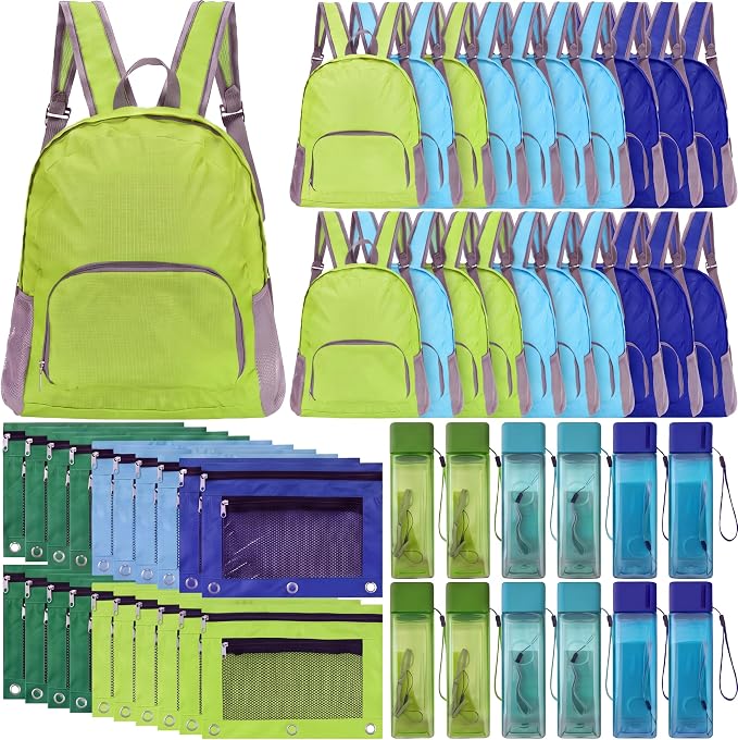 60 Pcs Bulk Backpacks Water Bottle Pencil Pouch Supplies, Backpack Donate Set, Lightweight Book Bags for Outdoor Travel(square Bottle, Green&lake Blue&royal Blue) by Bulyoou