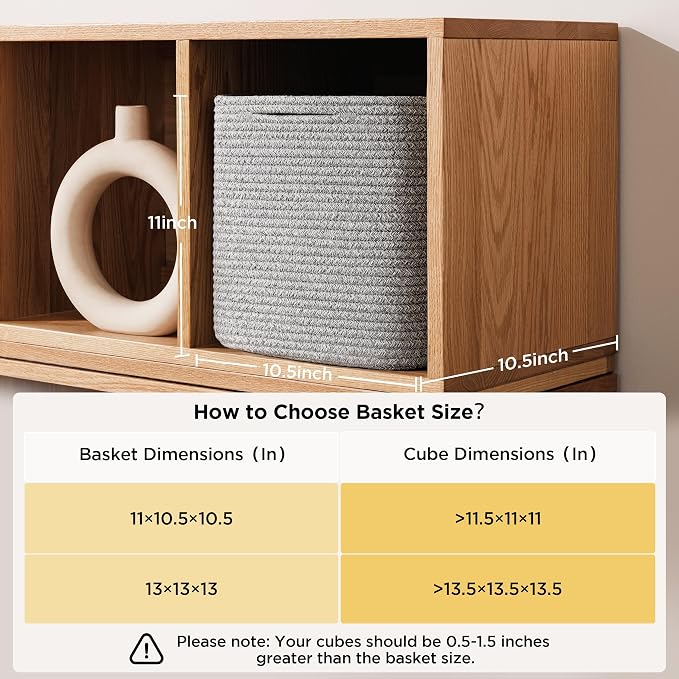 joybest 11inch Cube Storage Bins Set of 4, Cotton Rope Woven Organizer Basket for Shelves, Cube Bin Square Shelves Organizer Closet Storage, Nursery, Toy Organization, Gray - Image 2