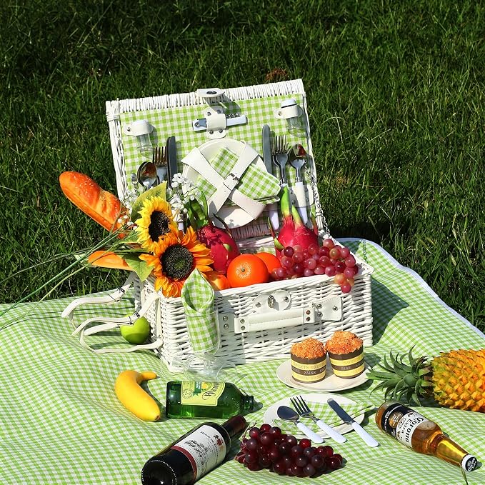 Picnic Basket Set for 4 with Waterproof Blanket Mat Insulation Bag Wicker White Green Plaid Classic Fresh Gift for Christmas Thanksgiving Wedding Birthday Camp Outdoor Beach Travel - Image 2