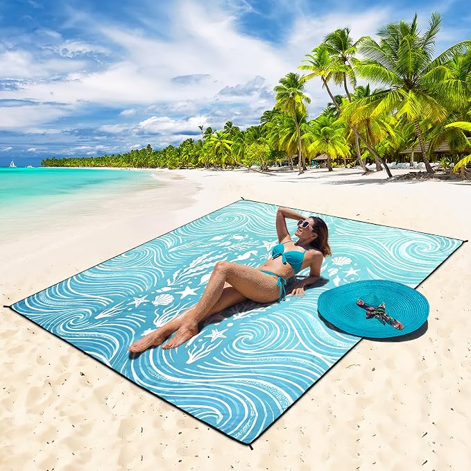 HIHOHO Beach Blanket Waterproof Sandproof Beach Mat 79”x 83” for 1-8 Adults Quick Drying Durable Outdoor Picnic Mat for Beach Festival Travel Camping Hiking (Wave Turtle-BL, 79"×83"(4 Person)) - Image 2