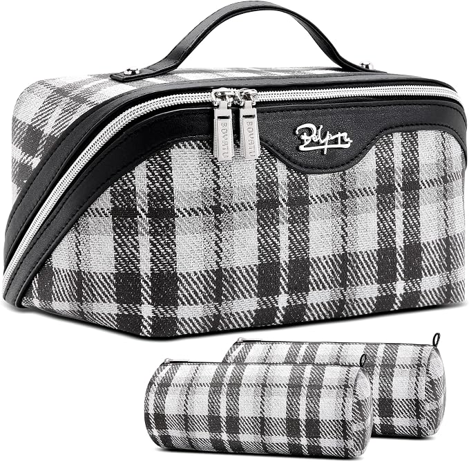 BOYATU Travel Makeup Bag for Women: Scottish Plaid 3 Pcs Set Cosmetic Organizer Bag - 180° Open Large Spacious Holds 50% More Cosmetics - Waterproof Leather Checkered Toiletry Bag (01-Black) by BOYATU