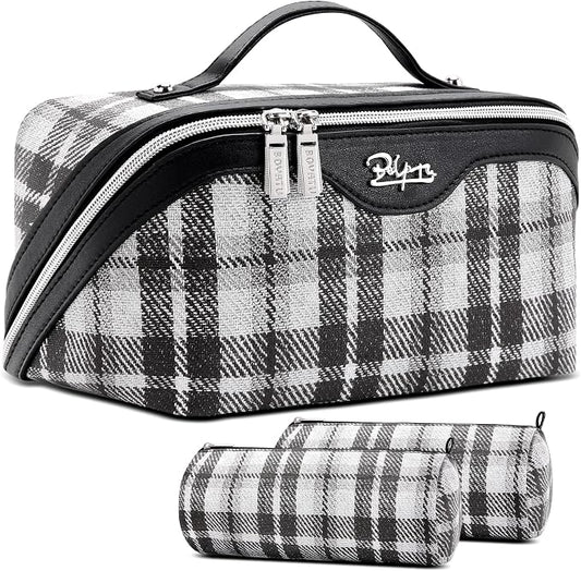 BOYATU Travel Makeup Bag for Women: Scottish Plaid 3 Pcs Set Cosmetic Organizer Bag - 180° Open Large Spacious Holds 50% More Cosmetics - Waterproof Leather Checkered Toiletry Bag (01-Black) by BOYATU
