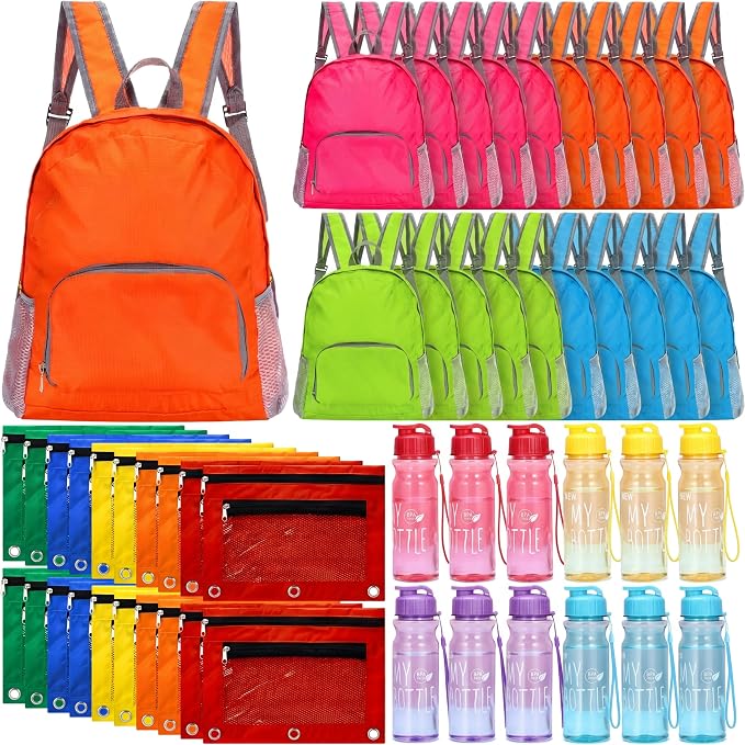60 Pcs Bulk Backpacks Water Bottle Pencil Pouch Supplies, Backpack Donate Set, Lightweight Book Bags for Outdoor Travel(lettered Bottle, Green&blue&orange&fuchsia) by Bulyoou