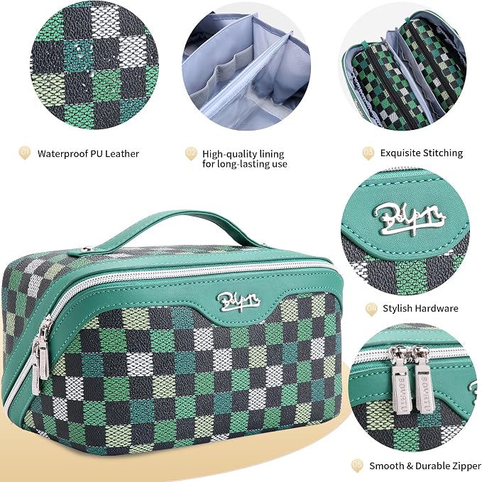BOYATU Travel Makeup Bag Organizer Cosmetic Bag: 3 Pcs Set Make up Bags for Women with Handle - Waterproof Vegan Leather Toiletry Bag (01-H-Green) - Image 2