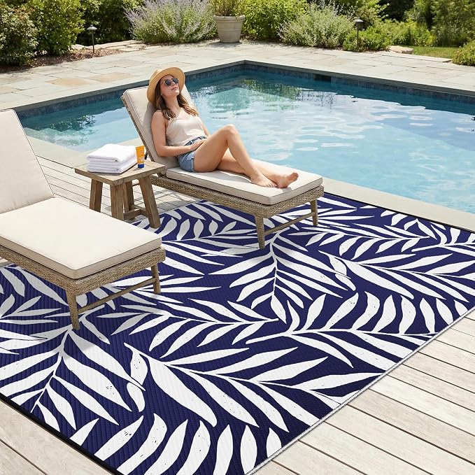Smiry Outdoor Rug 9x12 ft, Waterproof Reversible Plastic Straw Rugs, Outdoor Area Rug with Leaf Pattern, Outside Floor Mat for Patio, Backyard, Deck, Picnic, Beach, Camping, Navy & White - Image 3