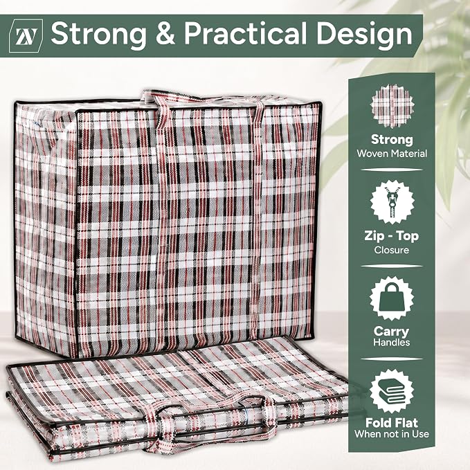 Extra Large Laundry Storage Checkered Shopping Bags 3 Pack, (60 x50 x25 cm) Strong and Durable Waterproof Moving Totes Carrying Bag With Zipper, Cloth Storage Handle Attached Reusable Luggage Bags - Image 6