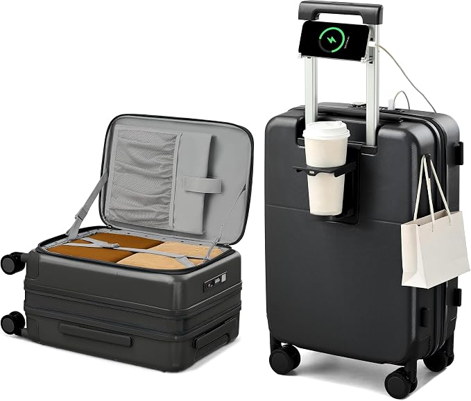Hanke 20 Inch Expandable Carry On Luggage with Cup Holder 22x14x9 Airline Approved, Top Opening Hard Shell Suitcases with Wheels, Carry-On Travel Suitcase Trunk Luggage with Lock, Jet Black by Hanke