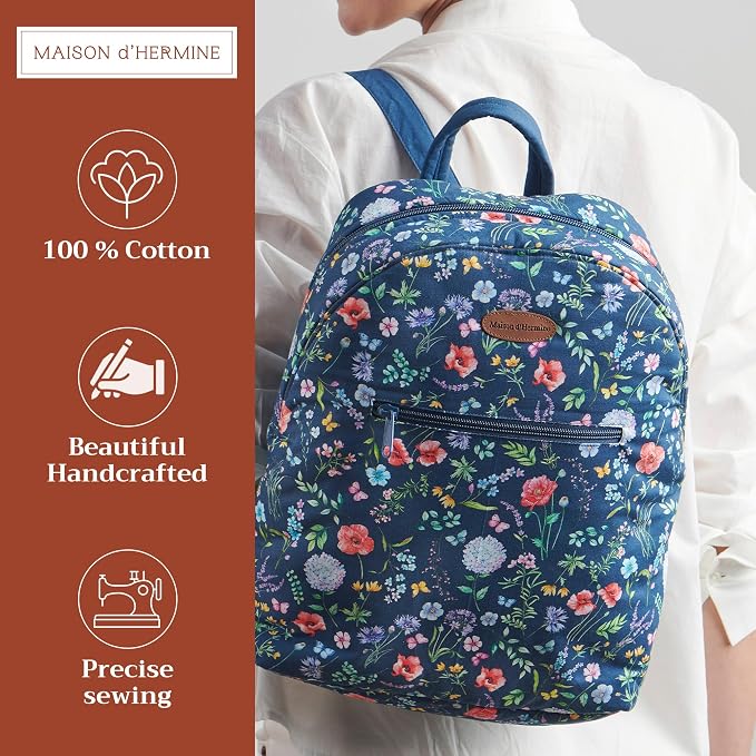 Maison d' Hermine Backpack for Women Men Cotton Shoulder Multipurpose Rucksack with Small Pouch Lightweight Multi Pocket Bag for Travel Work Beach Perfect for Spring Summer (Just Floral - Blue) - Image 2