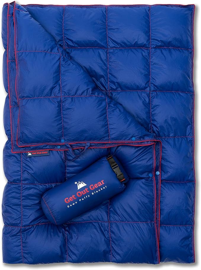Get Out Gear Down Camping Blanket - Puffy, Packable, Lightweight and Warm | Ideal for Outdoors, Travel, Stadium, Festivals, Beach, Hammock | 650 Fill Power Water-Resistant Backpacking Quilt by Get+Out+Gear