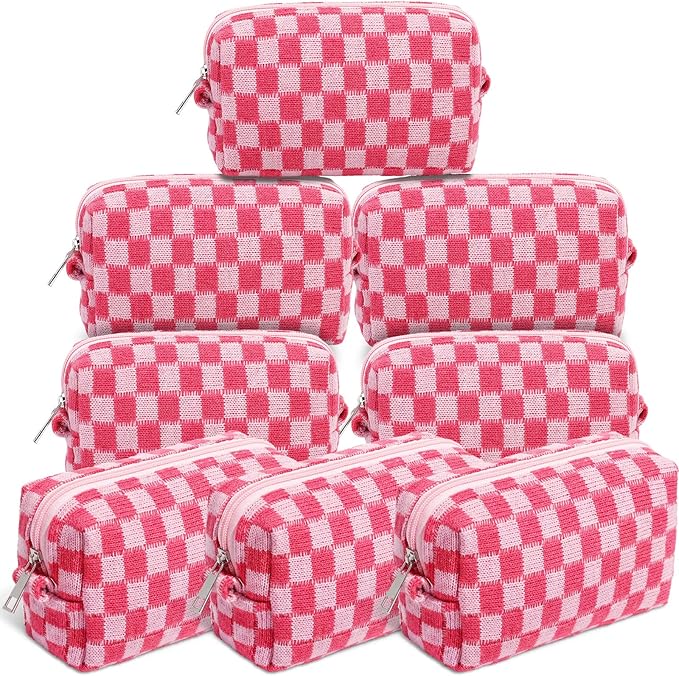 Gilprop 8 Pcs Checkered Makeup Bag for Purse Small Cosmetic Pouch Bulk Portable Zipper Makeup Pouch Travel Toiletry Organizer Gifts for Women Bridesmaid Wedding Party Favors (Hot Pink) by Gilprop