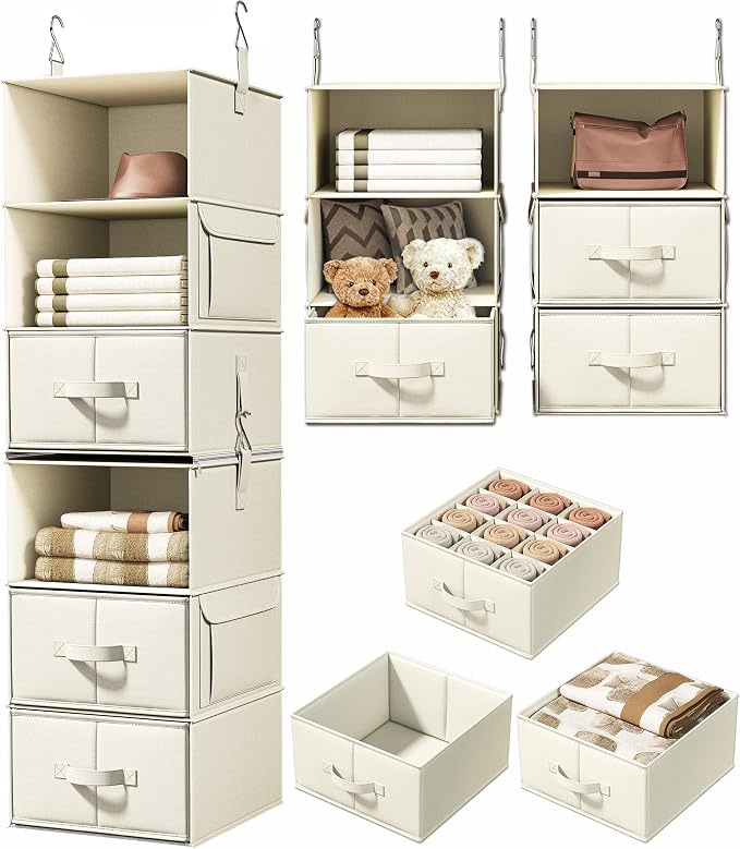Vailando 6-Shelf Hanging Closet Organizer with 3 Drawers, 2 Separable 3-Shelf Closet Organizers and Storage for Wardrobe Organization, Hanging Dresser for Nursury & Dorm Clothes Organizer, Beige by Vailando