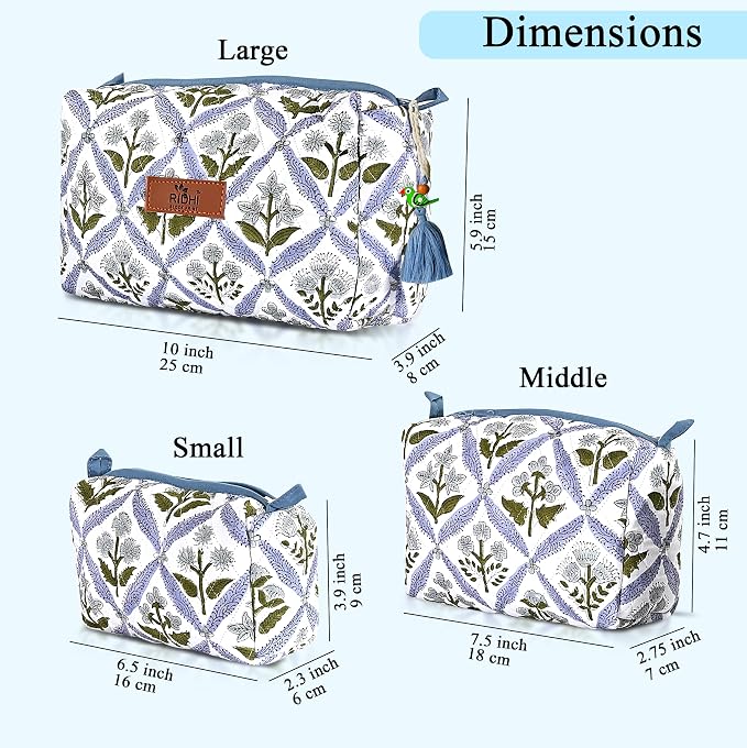 Ridhi Light Steel Blue Hand Block Printed Floral Toiletry Bag For Women 100% Cotton Quilted Set of 3 Waterproof Inner Lining, Cosmetic Jewelry Organizer, Travel Pouch, Essential Storage Purse Gifts - Image 3
