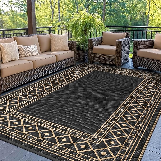 GENIMO Outdoor Rug, Waterproof Plastic Rugs for Patio, 9'x12' Black Brown | Outside Larger Modern Carpet Mat for Porch Decor, Deck, Balcony, Camping, RV, Backyard, Picnic, Beach, Reversible by GENIMO