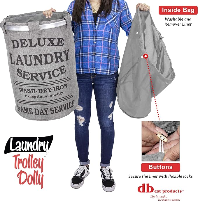 dbest products Laundry Trolley Dolly, Grey Laundry Bag Hamper Basket cart with wheels sorter - Image 4