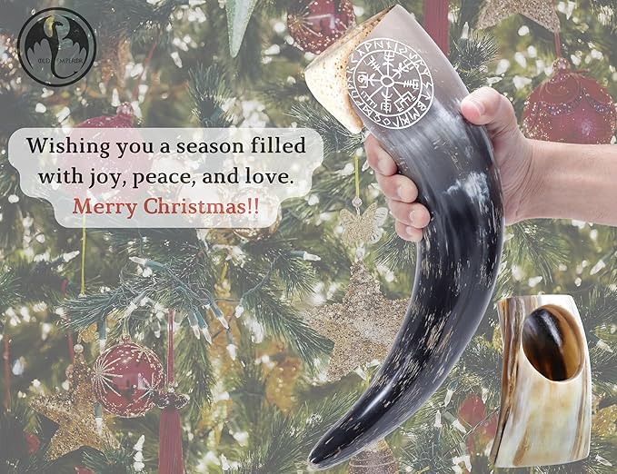 OLDEMPEROR Viking Drinking Horn - 12 Inch with Viking Compass Engraved & Leather Holster | Handmade Beer Cup | Food Grade | Unique Genuine Ox Horn| Natural Shine Finish| Viking Gift for Men & Women