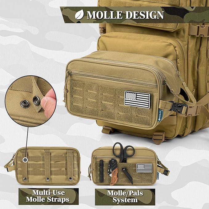 PAVILIA Extra Large Tactical Toiletry Bag for Men, Travel Hygiene Bag, Military Gear Dopp Kit, Molle Accessories Pouch, Shaving Grooming Essentials Gym Bathroom Shower Toiletries Tool EDC, Tan XL