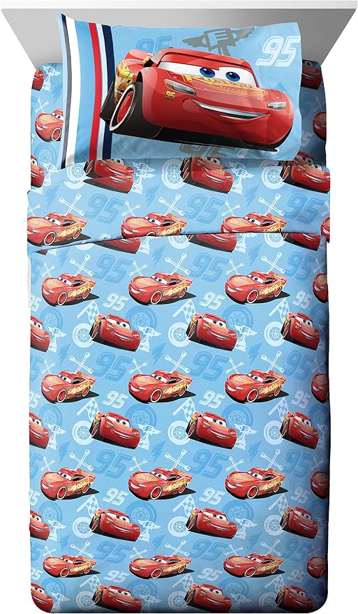 Jay Franco Kids Sheet Set with Fitted, Flat Sheets & Pillow Cover - Ultra-Soft Bedding with Pillowcase for Room Decor, Blue - Cars, 4 Piece Full by JayFranco