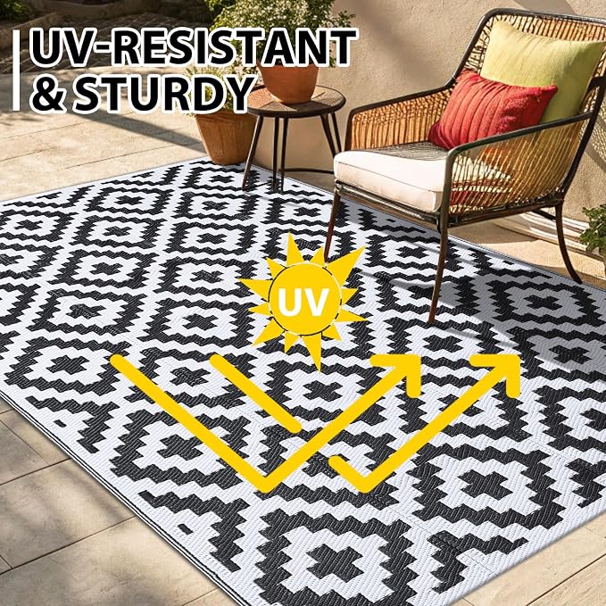 Smiry Waterproof Outdoor Rug 5x8 ft, Reversible Plastic Straw Patio Camping Rugs, Outdoor Indoor RV Mat Carpet for Patio, Outside Entry, Backyard, Deck, Bench, Picnic, Camper, Black & White - Image 4
